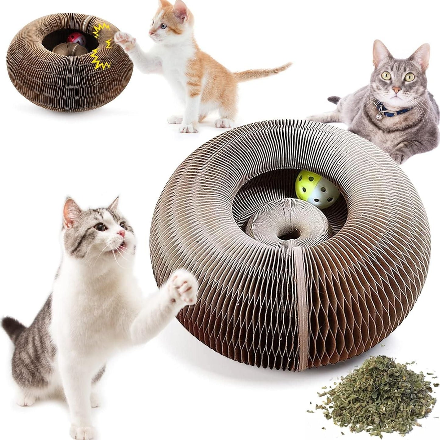 Foldable Cat Scratching Donut | Paper Corrugated Play Tunnel with Jingle Ball