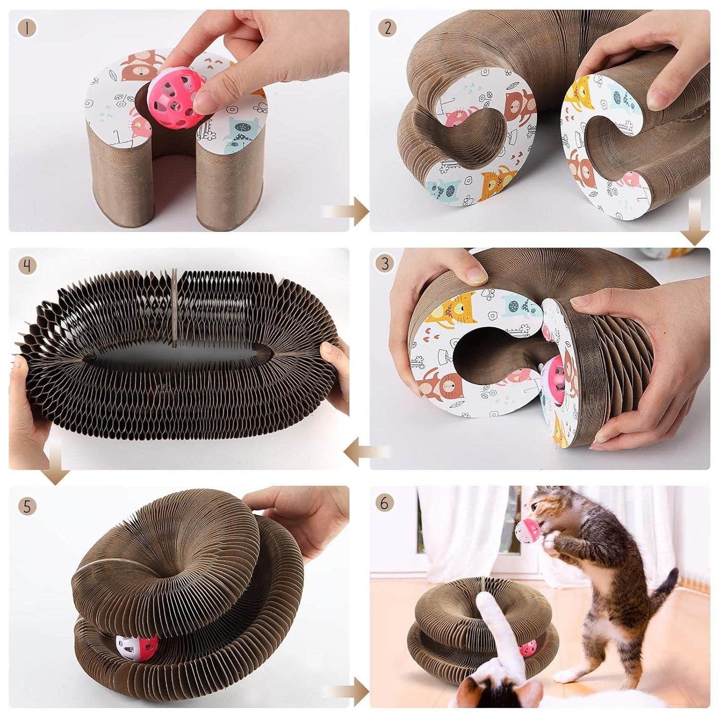 Foldable Cat Scratching Donut | Paper Corrugated Play Tunnel with Jingle Ball