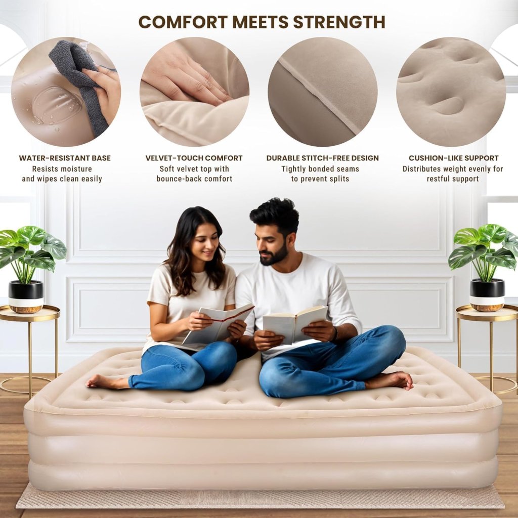 Inflatable Double Air Bed with Built-In Pump
